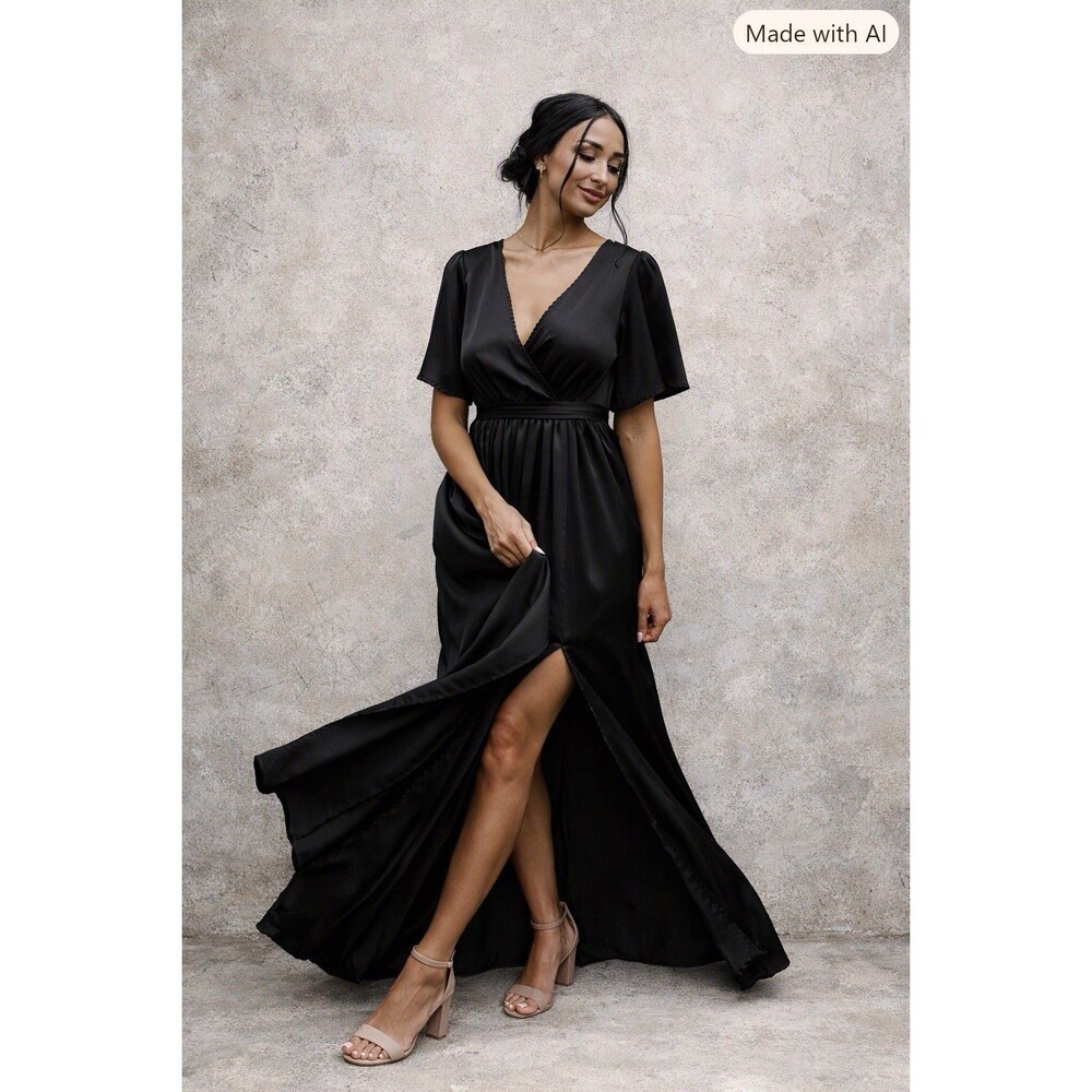 NWT Baltic Born Sicily Satin Maxi Dress Size Small Black Double Slit Flowy